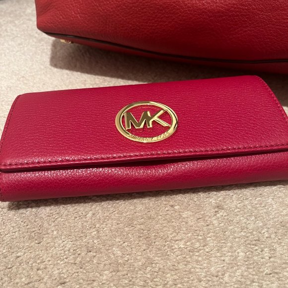 Like New Michael Kors Raven Red Shoulder Handbag and Red MK Wallet Set - Picture 8 of 10